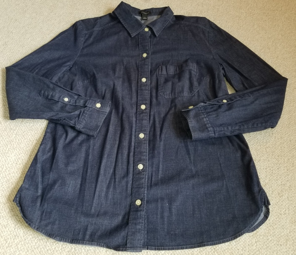 Womens Top-ANN TAYLOR-dk blue cotton chambray button-up ls Classic Western-L